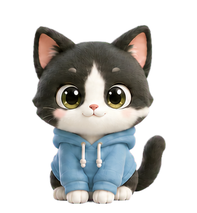 Nori sitting in a blue hoodie